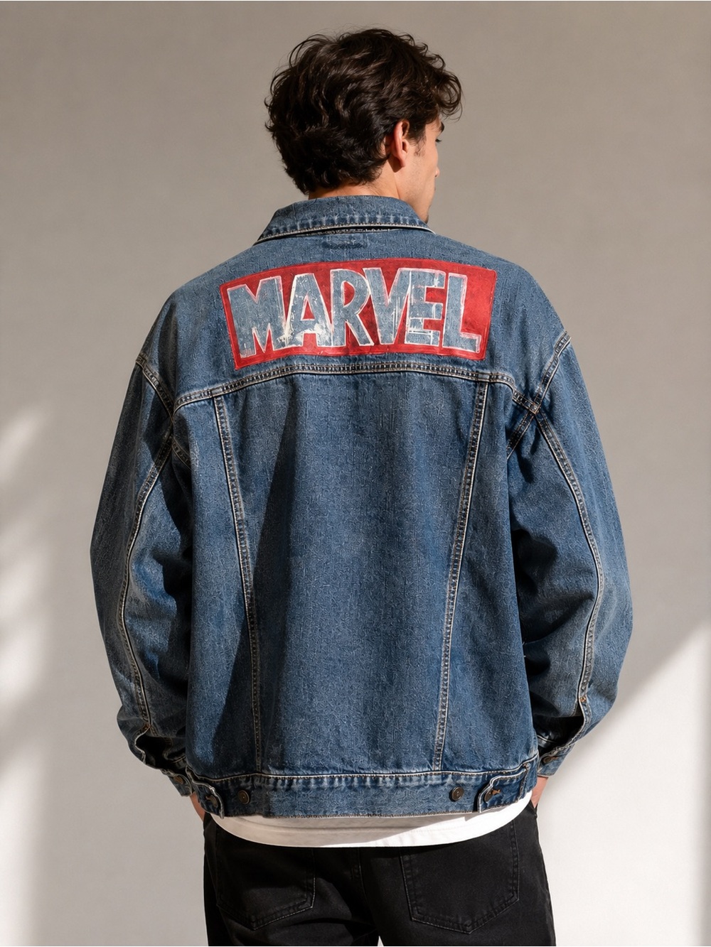 Marvel Denim Jacket Men’s 2XL Hand Painted Comic Streetwear Trucker Jacket